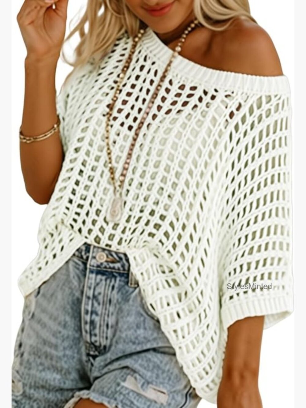 Scoop Neck Short Sleeve Crochet Hollow Out Knit Pullover Beach Coverup Top